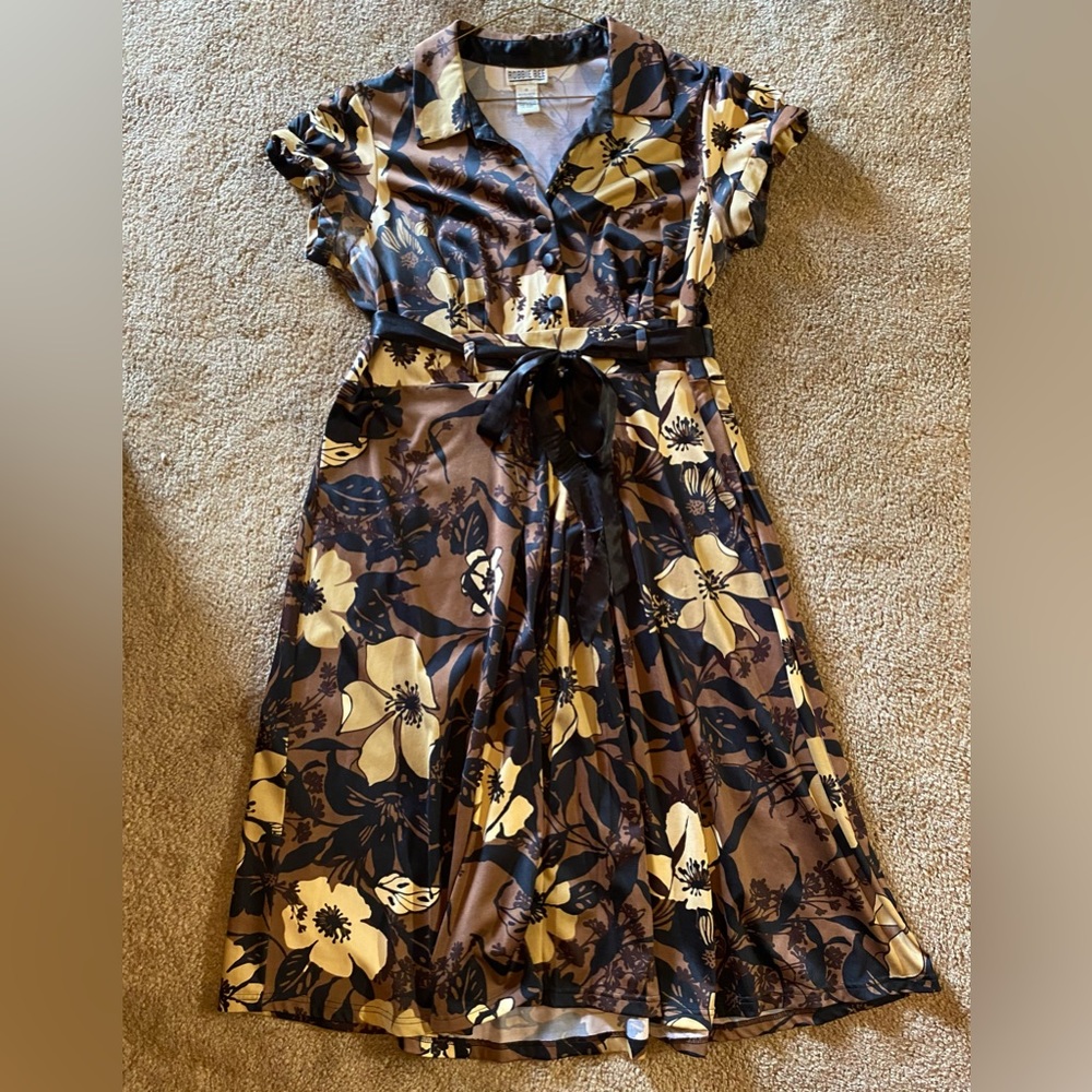 Women’s brown, beige, and black floral patterned dress, size 16.